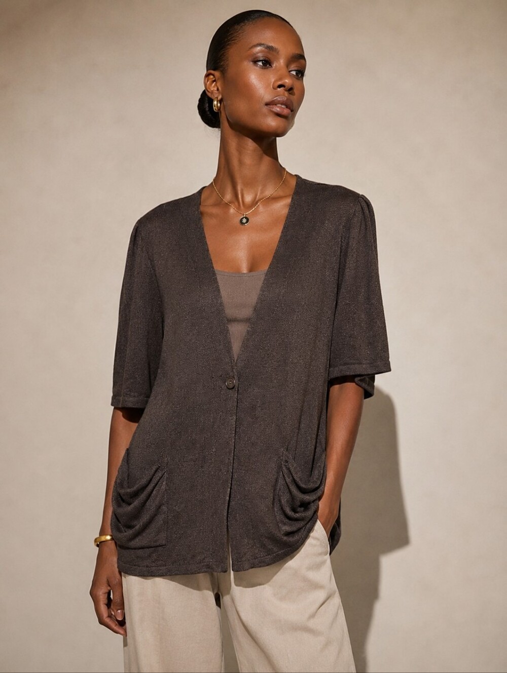 ❤️ CLASSIQUES ENTIER LINEN BLEND SHORT SLEEVE ONE BUTTON CARDIGAN SWEATER, LARGE